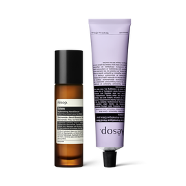 A pump bottle of Solais Replenishing Hand Serum and a tube of Eleos Aromatique Hand Balm together.