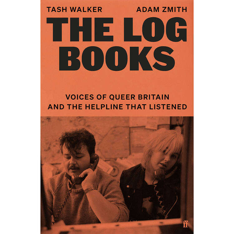 The book cover of 'The Log Books' by Tash Walker and Adam Zmith. The cover is split horizontally with a striking monochromatic orange and black design.